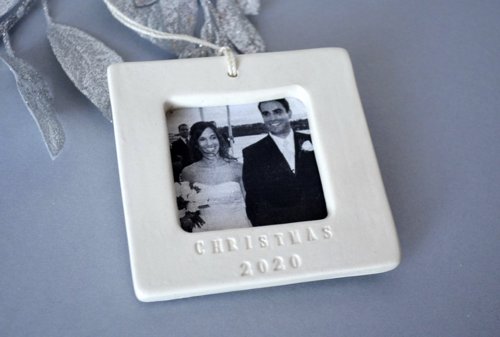 Personalized Photo Frame Ornament - Square Ceramic Frame with Custom Text
