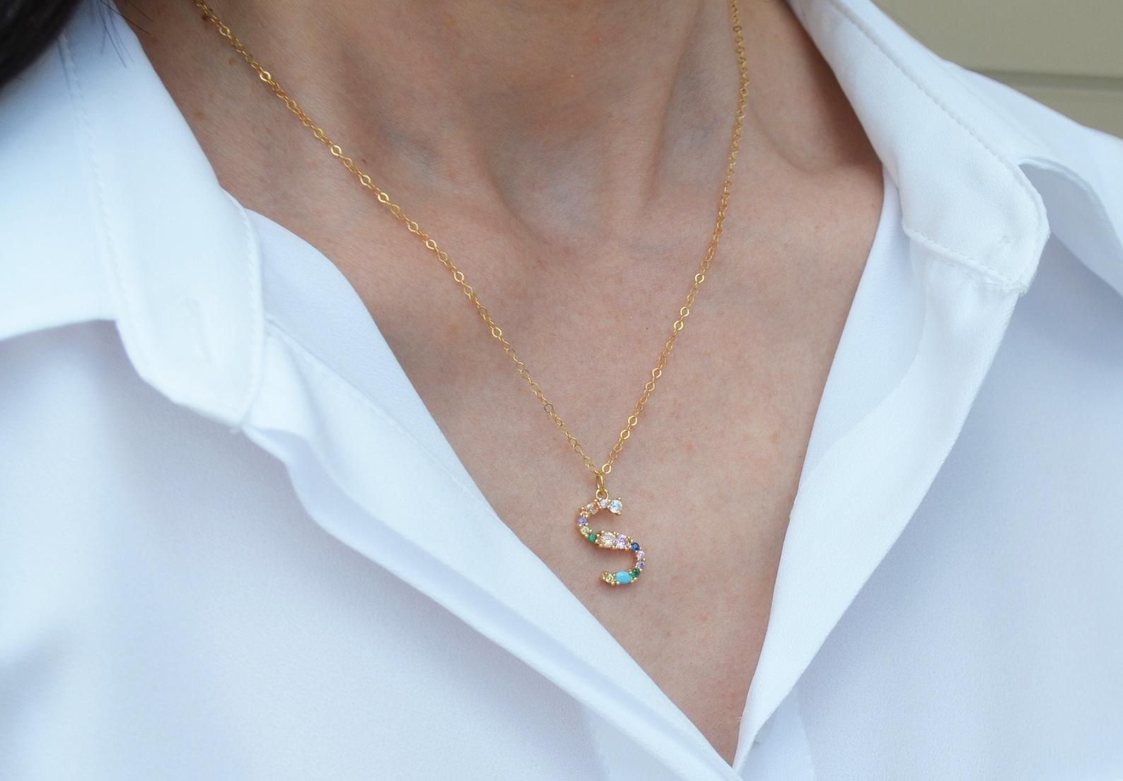 Letter Necklace, Initial Necklace, Friend Gift, Mom Gift, 18K Gold Plated Rainbow Necklace