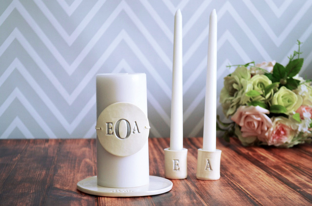 PERSONALIZED Unity Candle Ceremony Set with Ceramic Candle Holders and Plate