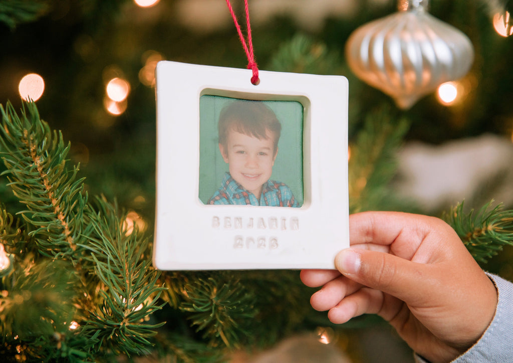 Personalized Photo Frame Ornament - Square Ceramic Frame with Custom Text